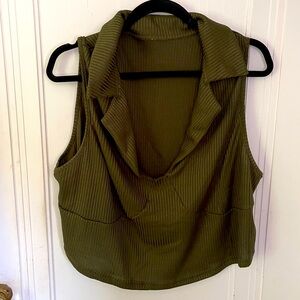 Army Green Cropped V Neck Top
